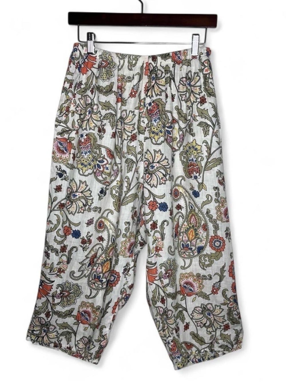 Flax Multicolor Boho Floral 100% Linen Pull On Cropped Wide Leg Pants